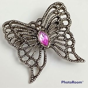 Filigree Silver tone Butterfly Brooch Pin with Pink CZ Center Stone